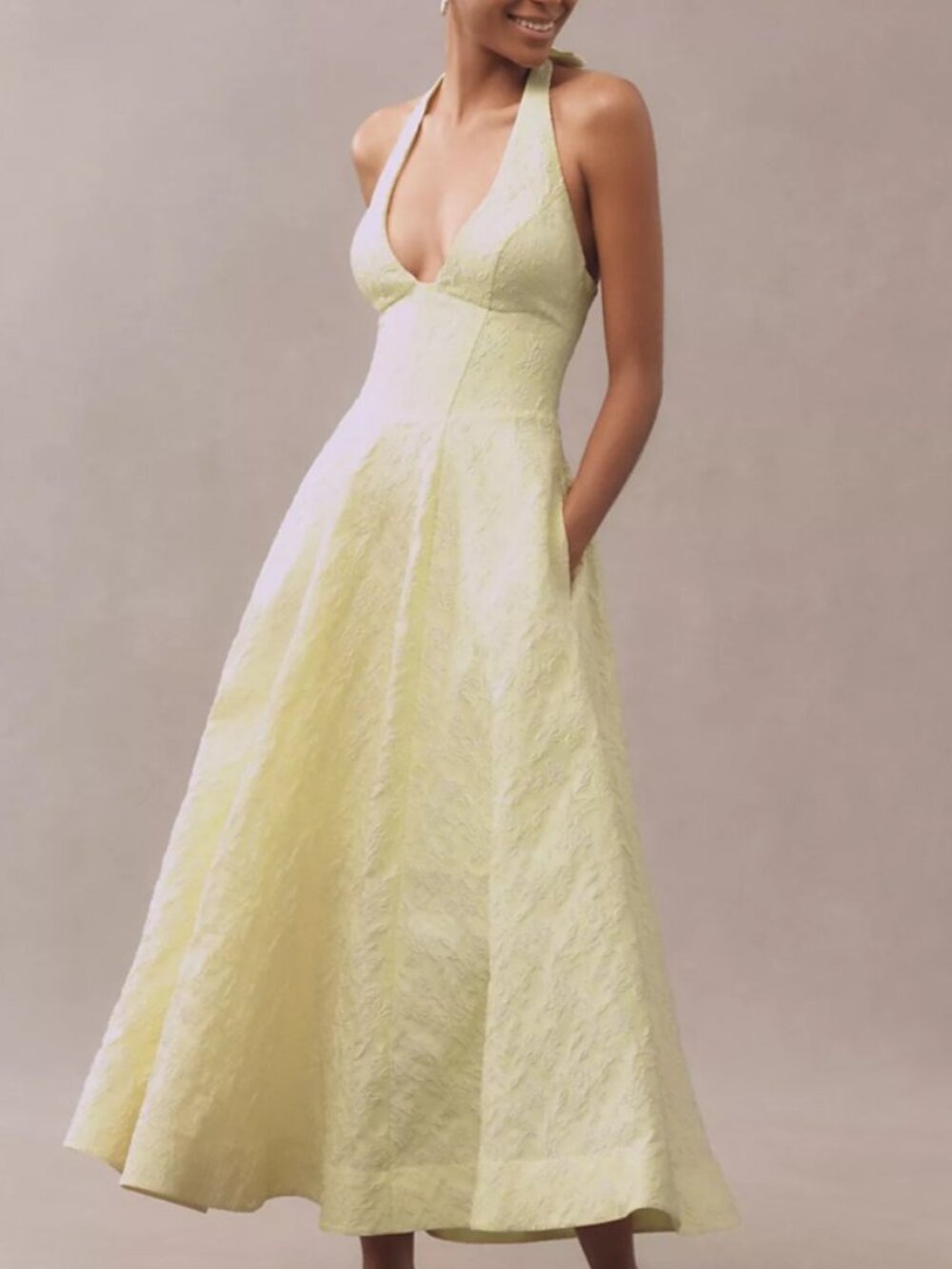 Mare Mare Halter Corset Fit & Flare Jacquard Maxi Dress in Yellow Size Large